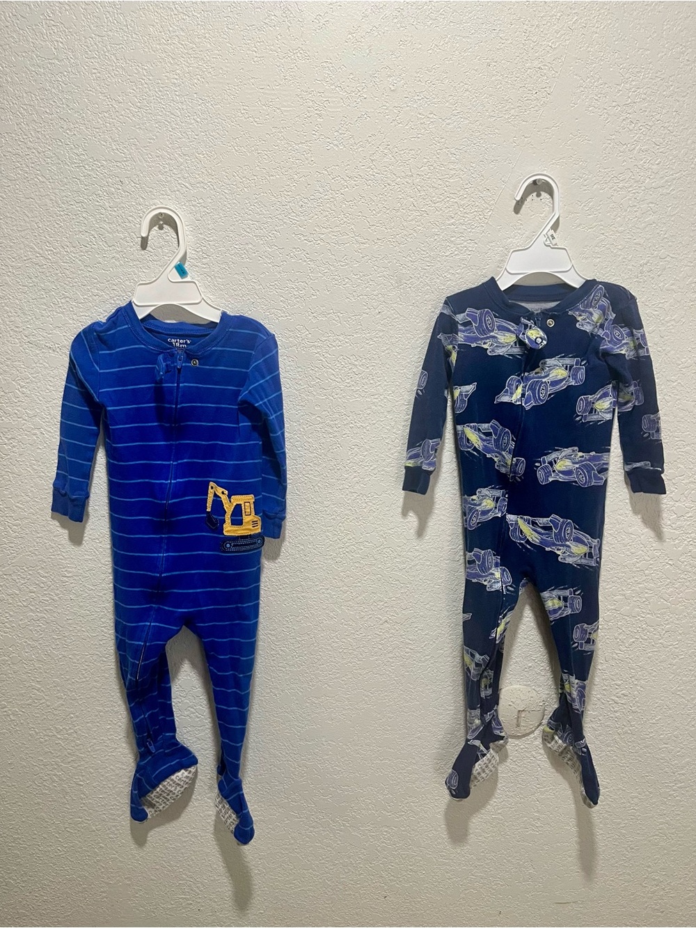 Carter's Blue Striped with Yellow Excavator Applique and Race Car Print Footies